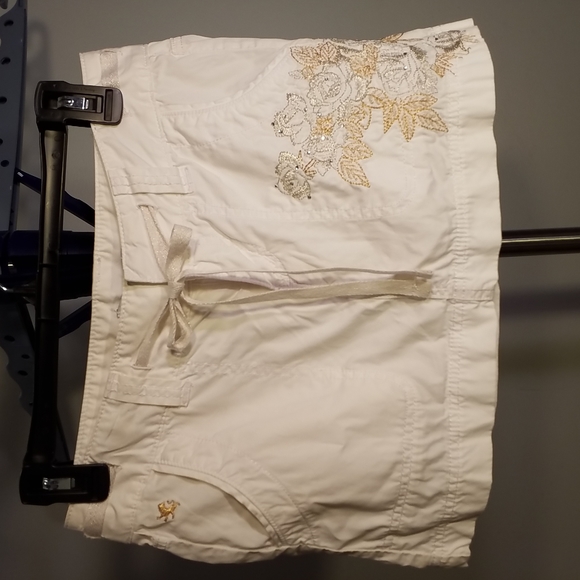 EXPRESS SKIRT Gold Embroidery Roses Sequins WHITE 4 pocket, ribbon tie Size 0 - Picture 5 of 14